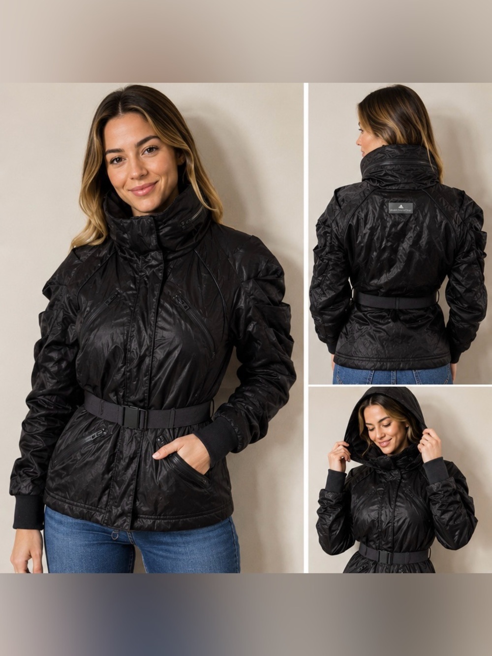 Adidas by Stella McCartney Black Belted Jacket Women’s XS Hooded Zip Coat